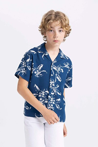 DeFacto Fiú túlméretezett póló nyakú mintás viszkóz rövid ujjú ing C2876A824SM