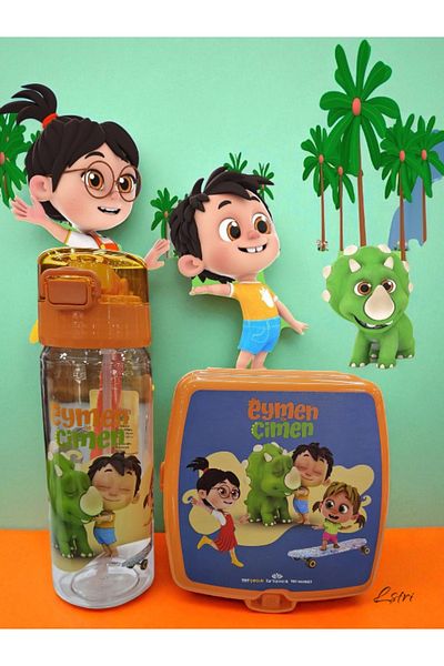 lstri Set of 2 Licensed Eymen and Grass Patterned Lunch Box - Lunch Box Water Bottle Flask