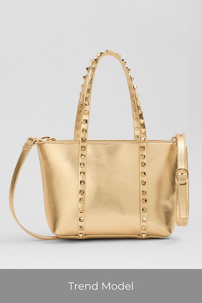 Madamra Gold Women's Staple Detailed Pu Leather Buckle Hand and Shoulder Bag