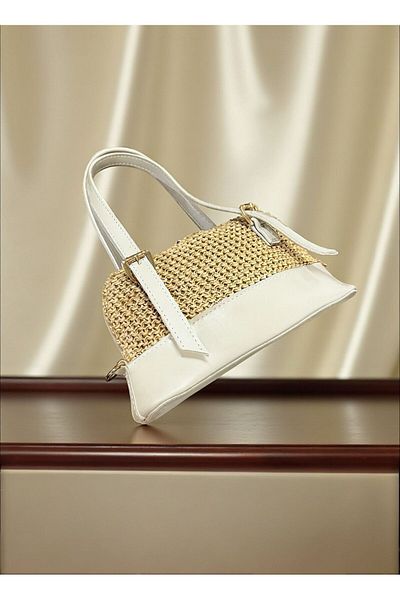 LEATHEROO Women's Knitted Textured Special Design White Baguette Bag