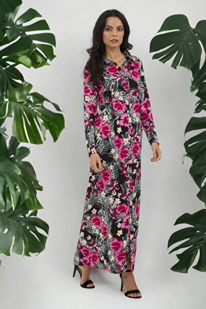 NEW LAVİVA Rochie cămașă lungă florală cu imprimeu negru și fucsia pentru fem...