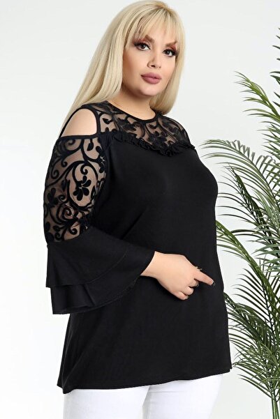 Kheos Μαύρη μπλούζα με μανίκια με βολάν, χαμηλού κοψίματος, φλοκ εμπριμέ τούλι με λεπτομέρειες, μπλούζα με σχέδιο μεγάλου μεγέθους