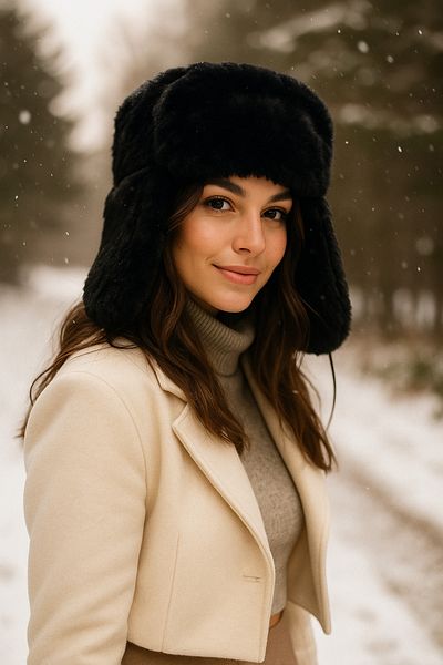 Luminos Butik Black Furry Winter Beret - Plush Soft Textured with Cap Design 1127