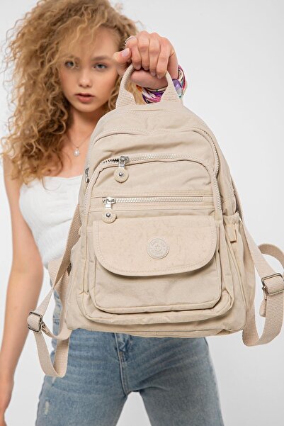 Saria Moda Κρεμ αδιάβροχο γυναικείο σακίδιο πλάτης από ύφασμα κλίνκερ