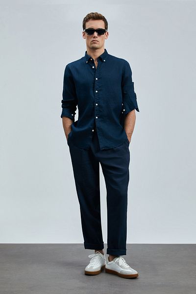Lufian Pitaya Men's Linen Shirt Comfort Fit Navy Blue
