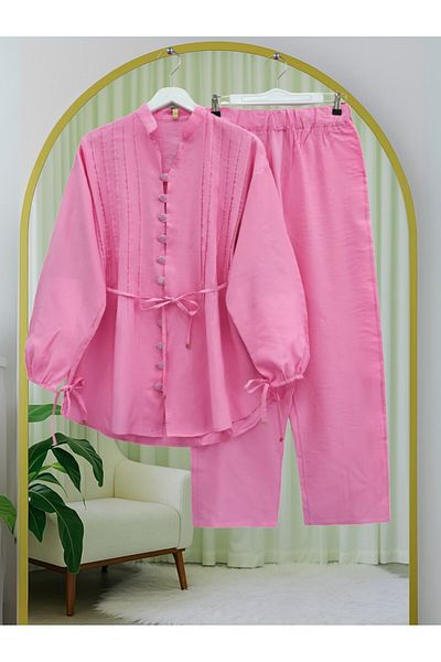 Modamorfo Buttoned V-Neck Tunic Trousers Set with Sleeves - Pink