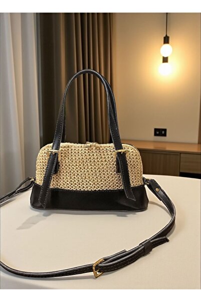 LEATHEROO Kadın Örgü Dokulu Özel Tasarım Siyah Baget Çanta