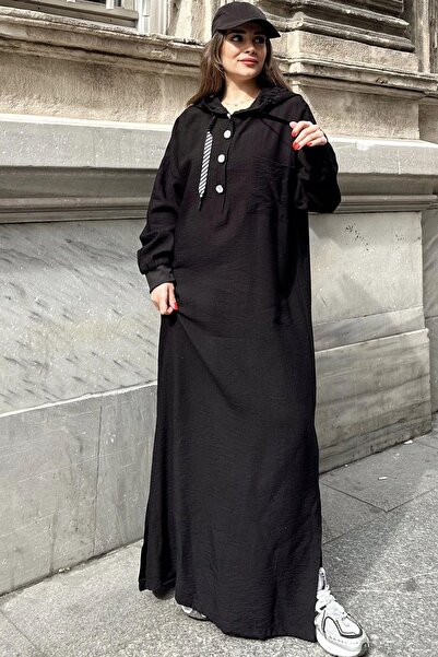 NEW LAVİVA Kadın Siyah Arkası Digital-Art Baskı, Yırtmaçlı, Kapüşonlu Uzun Ke...