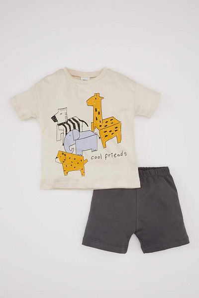 DeFacto Baby Boy 2 Piece Set Animal Pattern Crew Neck Short Sleeve T-Shirt Shorts C0984A524Sm