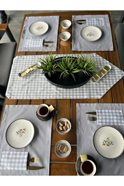 Tropikhome Amerikan Servis Supla Ve Runner Seti 6 Kişilik Gri Ekose Desen Mas...