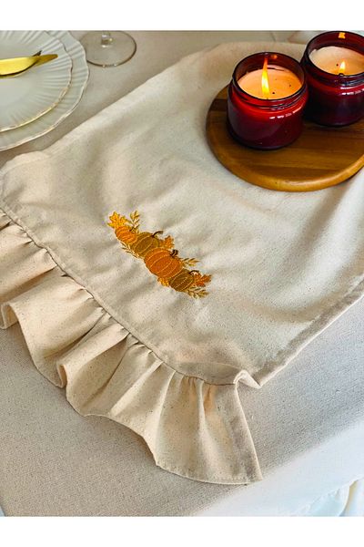 HOME OF BLOSSOM 40*100 cm Raw Linen 2 Ends Pumpkin Embroidered Runner
