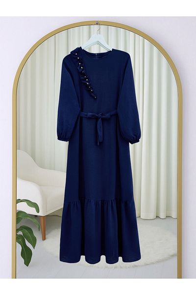 Modamorfo Ruffle Stone Detailed Piece Skirted Belted Ayrobin Dress - Navy