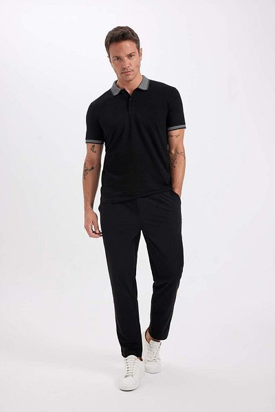 DeFacto Slim Fit Non-Curling Polo Neck Sleeve Band Cotton T-Shirt D0033Axns