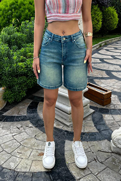 BİKELİFE Women's Snow Wash Faded Effect High Waist Denim Shorts