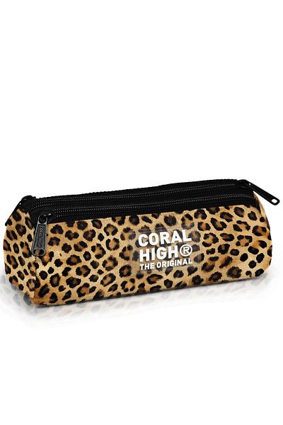 Coral High Brown Leopard Patterned Three Compartment Pencil Bag 11181