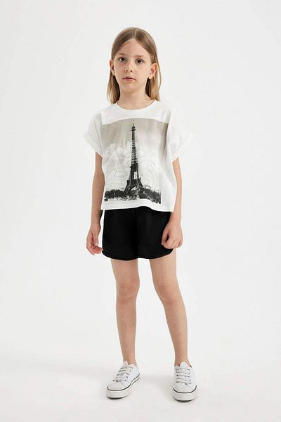 DeFacto Girls' 2-Piece Set Printed Short Sleeve T-Shirt Elastic Waist Shorts C5359A824Hs