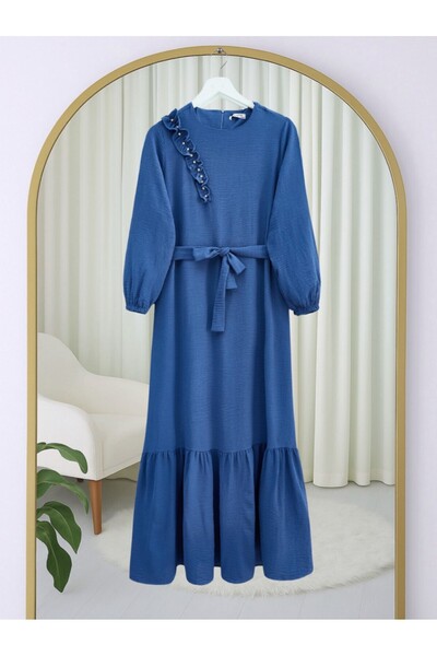 Modamorfo Ruffle Stone Detailed Piece Skirt Belted Ayrobin Dress -Indigo