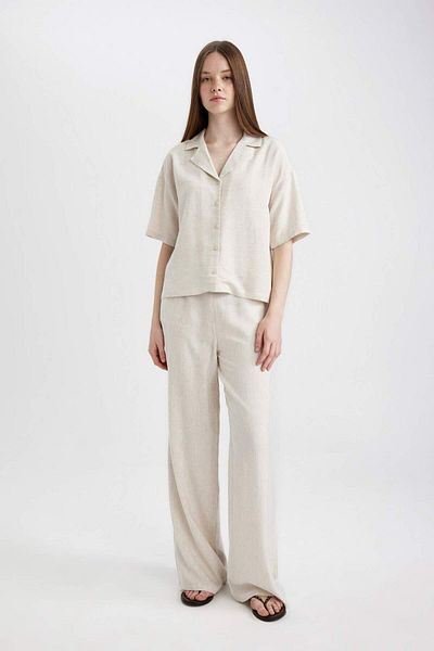 DeFacto Oversize Wide Fit Pajama Collar Linen Blend Short Sleeve Shirt U2927Az24Sm