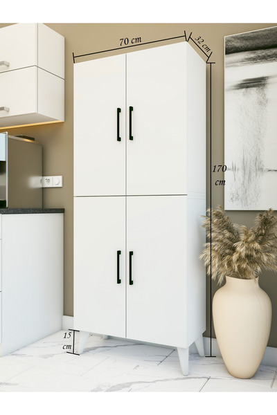 MONTENERO Çok Amaçlı Dolap Beyaz 4 Kapaklı Kiler Dolabı Raflı Dolap Mutfak Banyo Dolabı