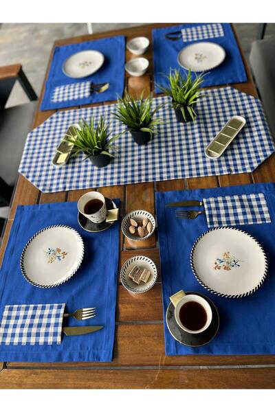 Tropikhome Mavi Amerikan Servis Supla Ve Runner Takımı Ekose Mavi Sunum Seti 6 Kişilik Masa Takımı