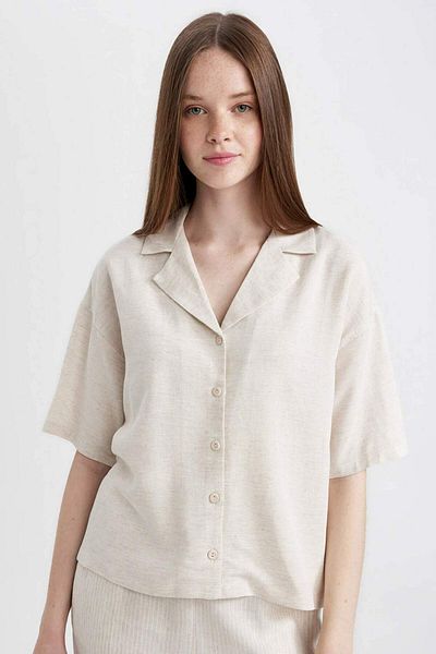 DeFacto Oversize Wide Fit Pajama Collar Linen Blend Short Sleeve Shirt U2927Az24Sm