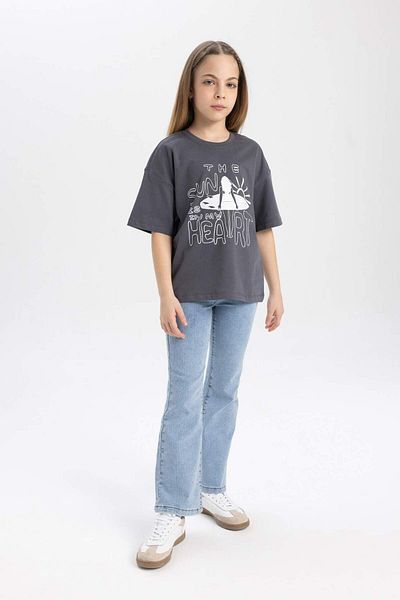 DeFacto Girls' Relax Fit Crew Neck Printed Short Sleeve T-Shirt B5167A824Hs
