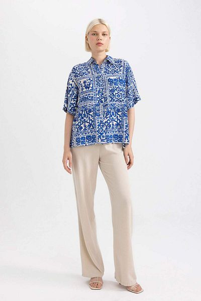 DeFacto Straight Fit Pocket High Waist Wide Leg Linen Blended Trousers B4211AX24SM