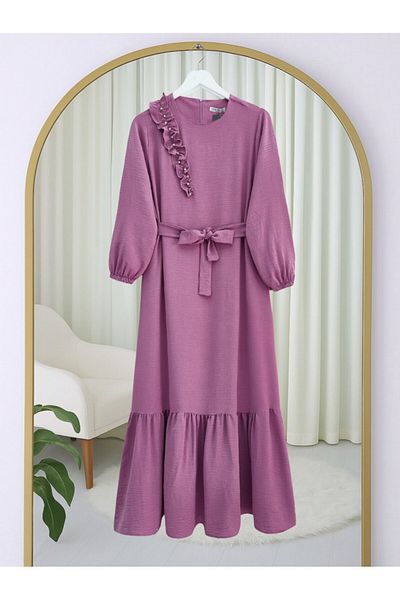 Modamorfo Ruffle Stone Detailed Piece Skirted Belted Ayrobin Dress - Cherry