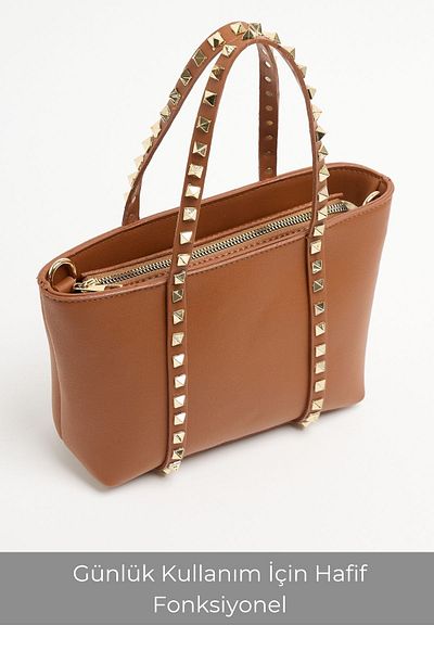 Madamra Tan Women's Staple Detailed Pu Leather Buckle Hand and Shoulder Bag