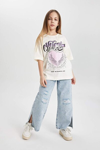 DeFacto Girls Oversize Wide Fit Crew Neck Printed Short Sleeve T-Shirt C4941A824Sm