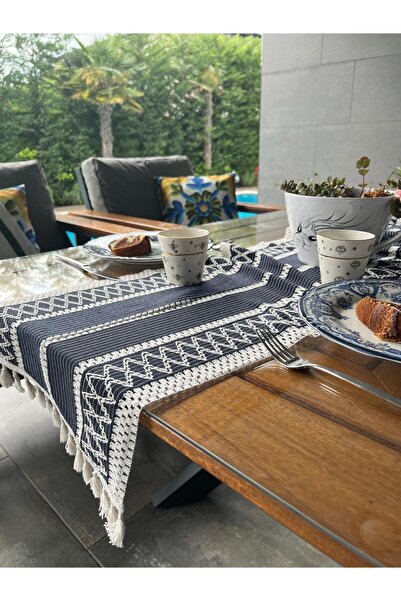 Tropikhome Örme Lacivert Runner , Püsküllü Organik Pamuk Dantel Örme Runner 3...