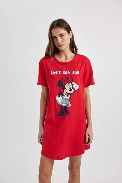 DeFacto Disney Mickey & Minnie Regular Fit Crew Neck Short Sleeve Nightgown-Fall in Love B8702Ax24Sm
