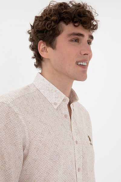 U.S. Polo Assn. Men's Shirt with Ochre Print and Buttons at the Collar
