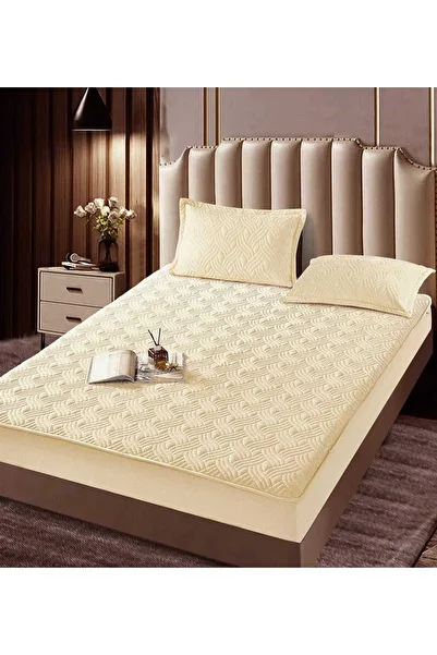 trendyhome Quilted Bed Cover with Elastic, Topper, 180 x 200cm, Beige, J23501