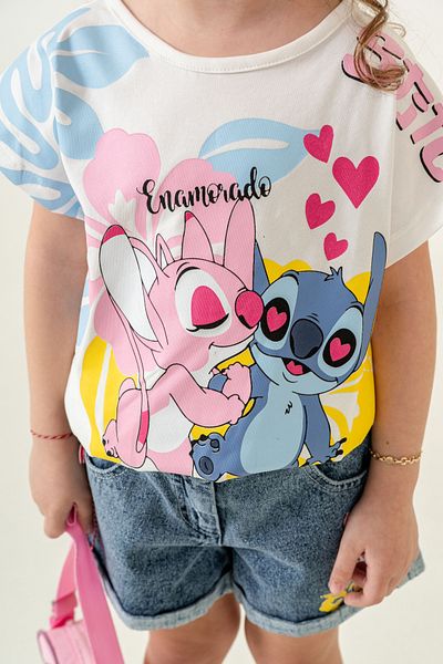mislina kids Stitch Girl's 3-Piece Summer Suit T-Shirt + Denim Shorts + Bag (3-6 Years)