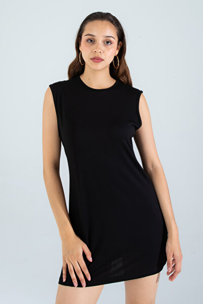 Suzella Kadın Siyah Oversize Sıfır Kol Bisiklet Yaka Basic Günlük İçlik Viskon Kumaş