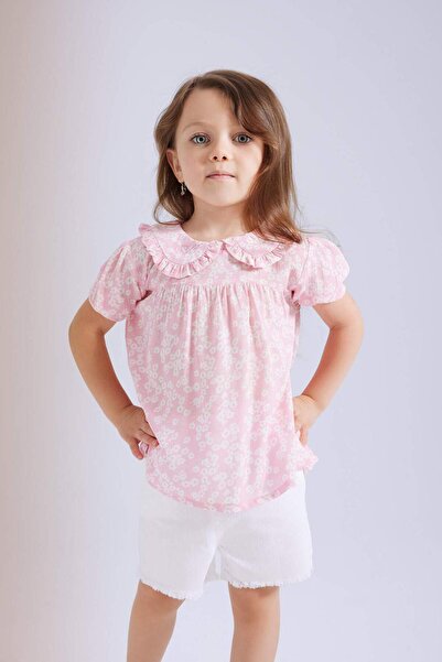 DeFacto Kız Bebek Büyük Yaka Krinkıl Viskon Çiçekli Kısa Kollu Bluz C3761A524SM