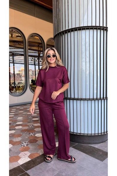 ARONA Women's Short Sleeve Crew Neck Shoulder Buttoned Viscose Two Thread Short Blouse and Pants Set of Two