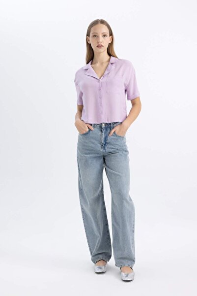 DeFacto Coool Oversize Geniş Kalıp Pijama Yaka Kısa Kollu Gömlek C3751AX24SP