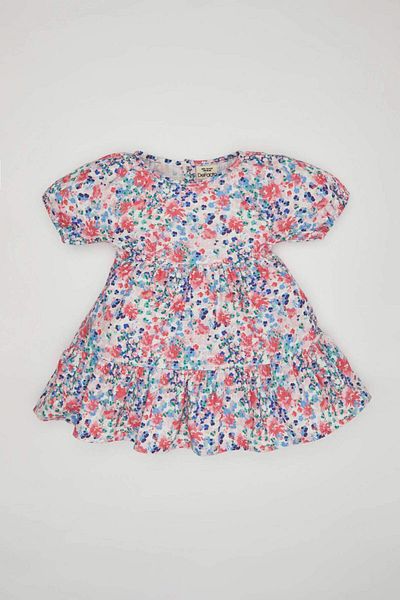 DeFacto Baby Girl Patterned Short Sleeve Linen Look Dress C2424A524SM