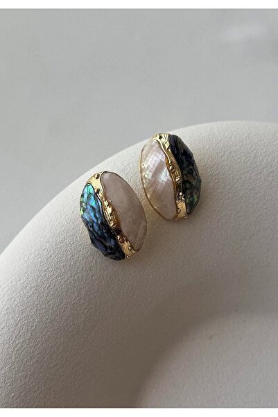 mos&more Beyaz Mavi Sedefli Marka Çelik Kadın Küpe