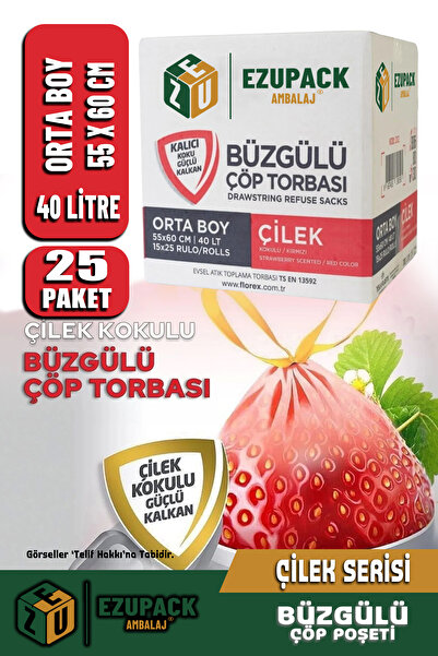 Ezupack 40 Lt ( 25 PAKET ) Avantaj Paket Orta Boy Çilek Kokulu Büzgülü Çöp Po...
