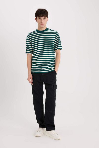DeFacto Boxy Fit Crew Neck Striped Short Sleeve Heavy Fabric T-Shirt B5910Ax24Sp