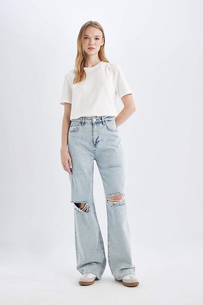 DeFacto Anii 90, picioare late, rupte, cu talie înaltă, cu tăiere la capătul pantalonilor, pantaloni lungi de spălat C2395AX24SP