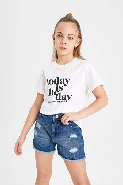 DeFacto Dziewczęca koszulka z krótkim rękawem i nadrukiem na kołnierzu B5123A824SM