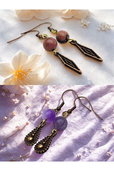 ayrestyle Set of 2 Earrings with Rhodonite & Amethyst Natural Stones