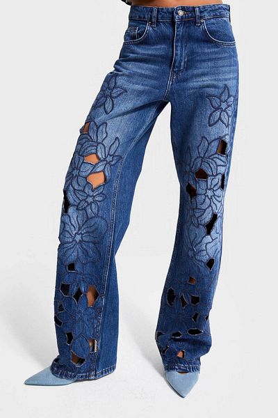 its basic Women's Dark Blue Color 2W5-5 Loose Fit Viscose Fabric Flower Pattern Embroidered Special Design Mid Waist Denim Jeans