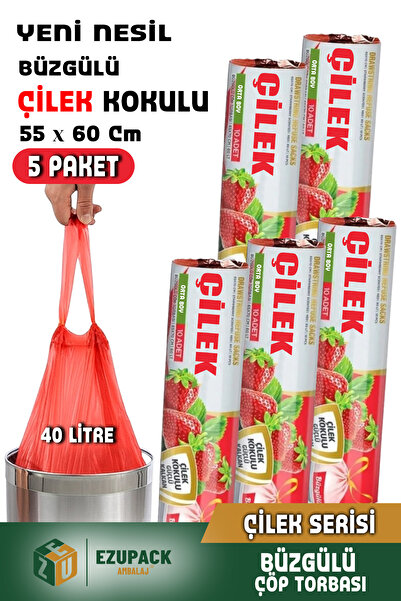 Ezupack 40 Lt ( 5 PAKET ) Avantaj Paket Orta Boy Çilek Kokulu Büzgülü Çöp Poşeti Çöp Torbası 50 Adet