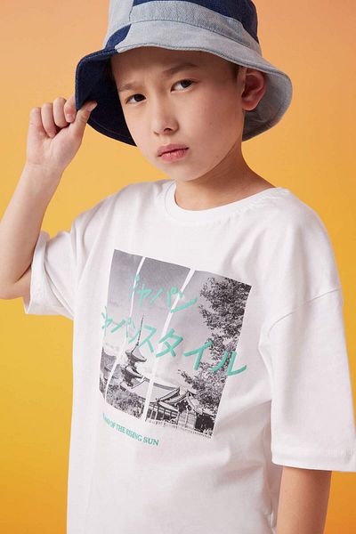 DeFacto Tricou cu mânecă scurtă cu imprimeu pentru băiat oversize cu decolteu lat C3169A824SM