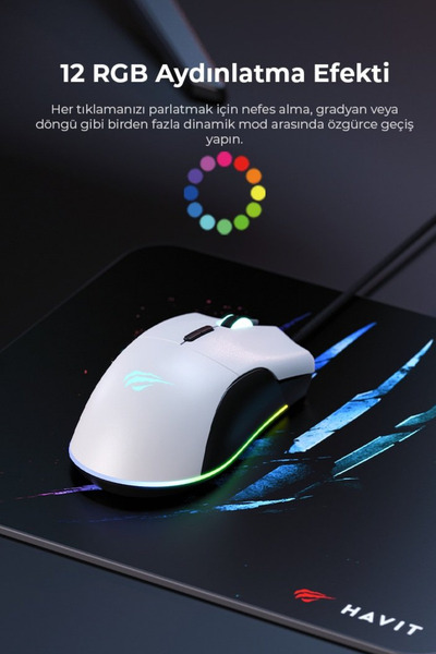 Havit Gamenote MS1037CM Rgb Ledli Makrolu 7200Dpi Gaming Oyuncu Mouse + Mouse Pad - Siyah